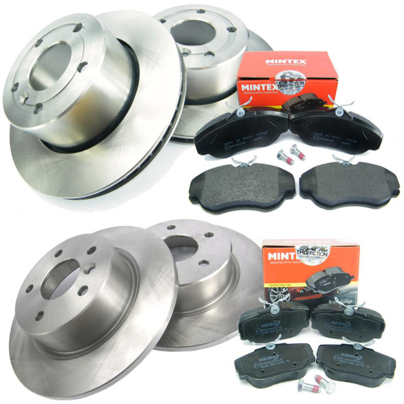 Product: Direct Replacement Front & Rear Brake Kit With MINTEX Brake Pads For Discovery 2, image shows a complete brake kit including two new brake rotors, four brake pads, and hardware for installation.