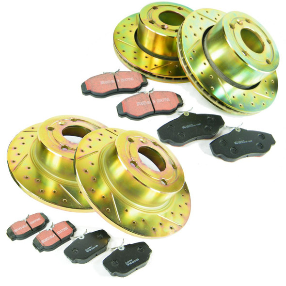 EBC / Britpart Performance Drilled & Grooved Brake Discs with Pads for Discovery 2, automotive brake disc set and brake pads shown in the image.