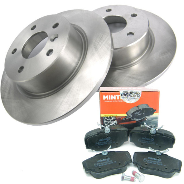 Direct Replacement Rear Brake Discs With MINTEX Brake Pads Kit for Discovery 2, image showing silver brake discs and black brake pads along with packaging.