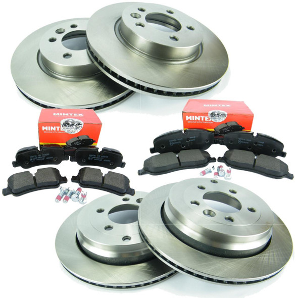 Direct Replacement Brake Disc & Pad Kit for Discovery 3, 4 & Range Rover Sport 2.7 TDV6, featuring metallic brake discs and black brake pads with mounting hardware.