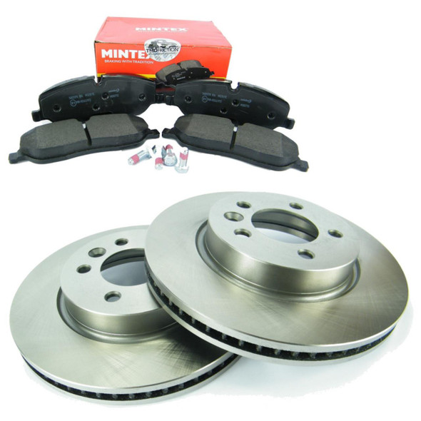 Direct Replacement Front Brake Disc & Pad Kit for Discovery 3, 4 & Range Rover Sport TDV6, automotive brake components including drilled disc rotors and brake pads.