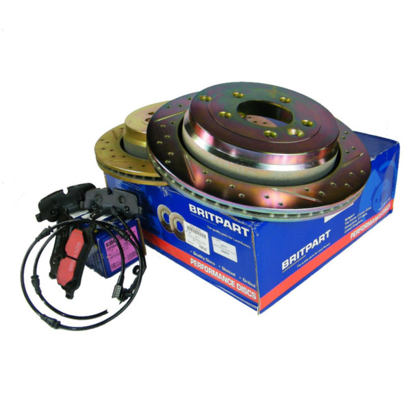 EBC / Britpart Performance Drilled and Grooved Front Brake Discs & EBC Brake Pad Kit for Discovery 3, with drilled and grooved brake discs and brake pads, on blue packaging box.
