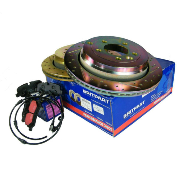 EBC / Britpart Performance Front Brake Discs With EBC Brake Pads Kit for Discovery 4, a set of high-performance front brake discs and brake pads with accompanying wiring for a Discovery 4 vehicle.