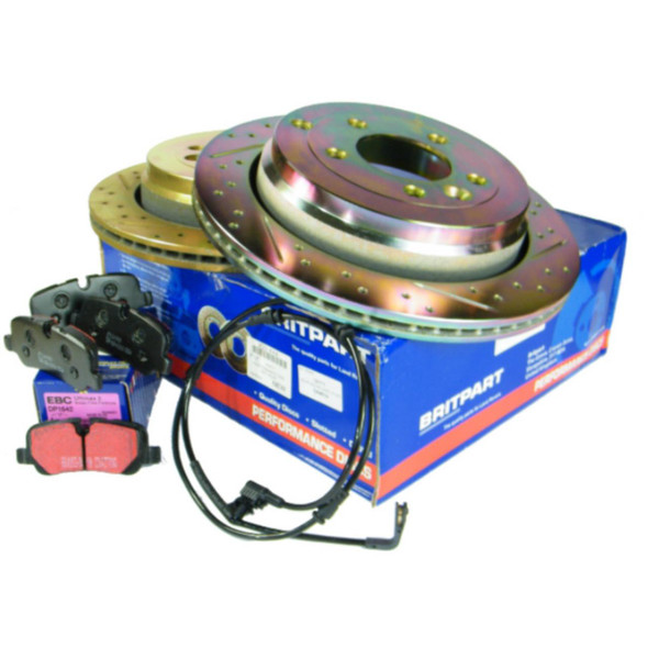 EBC / Britpart Performance Drilled and Grooved Rear Brake Discs & EBC Brake Pad Kit for Discovery 4 L319, image showing drilled and grooved brake discs, brake pads, and brake sensor wires on a blue box.