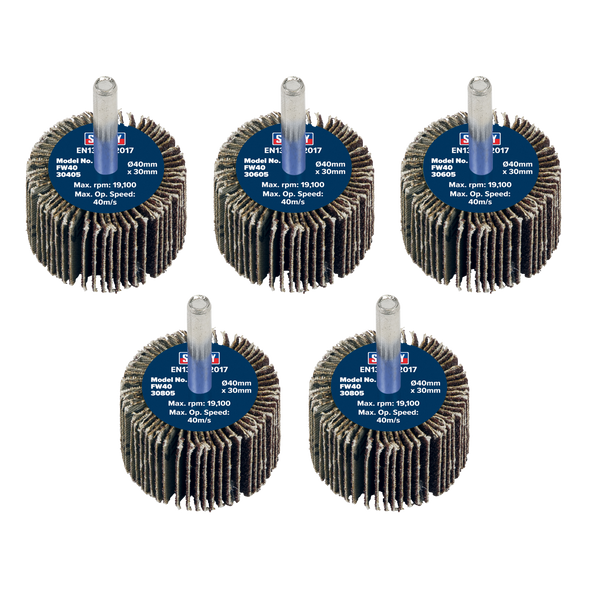 40 x 30mm Abrasive Flap Wheel with 6mm Shaft Assorted Grit - Pack of 5