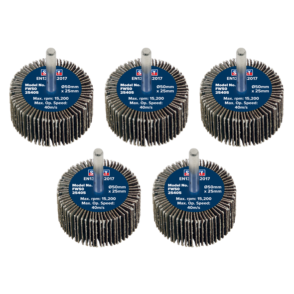 50 x 25mm Abrasive Flap Wheel with 6mm Shaft 40Grit - Pack of 5