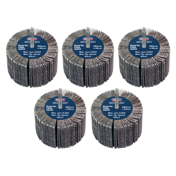 80 x 40mm Abrasive Flap Wheel on 6mm Shaft Assorted Grit - Pack of 5