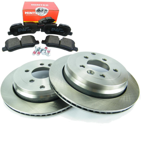 Product: Direct Replacement Rear Brake Discs & Pad Kit for Discovery 3, 4 & Range Rover Sport TDV6, image shows two metal brake discs, brake pads, and mounting hardware for vehicle brake system