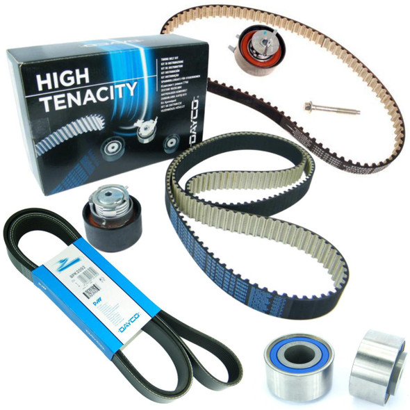 Dayco Cambelt Timing Belt Kit DAYCO for Discovery 3 2.7 TdV6 EU3, showcasing a timing belt, tensioner, pulleys, and other essential components for engine maintenance.