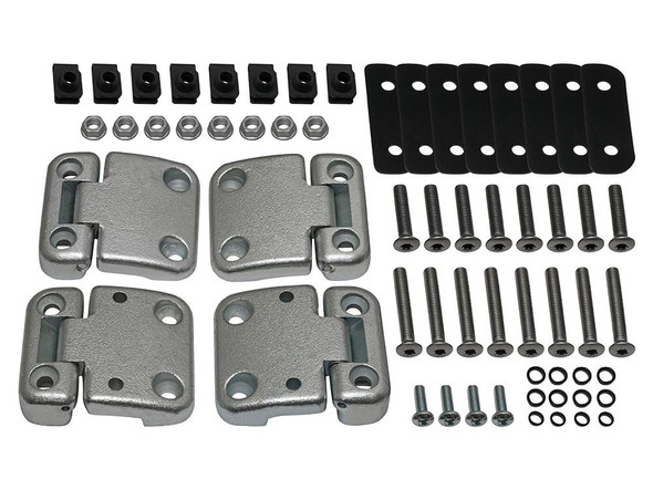 Britpart Front Door Hinge Kit - DA1070 for Defender, complete set with hinges, bolts, nuts, washers, and mounting plates for vehicle repair and replacement.