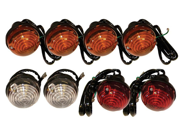 Britpart Light Lamp Kit 73mm Round, set of four amber and two clear round signal lights with wiring for Defender and Series vehicles.