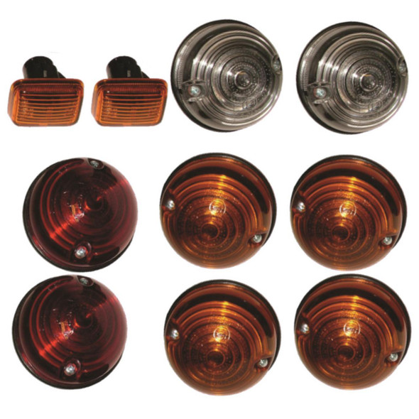 Britpart Indicator Light & Lamp Kit for Defender, set of indicator lights and lamps including two orange indicator lights, two clear lamps, and four red and amber round indicator lights.