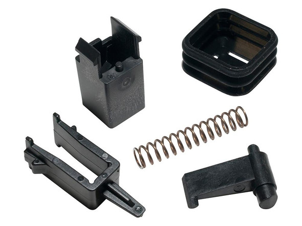 Britpart Fuel Latch Repair Kit for Discovery 3 & 4, Range Rover Sport L320 including black latch components and spring, designed for fuel latch repair.