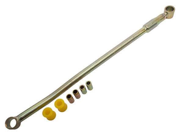Britpart Heavy Duty Adjustable Panhard Rod - DA1130 for Defender, image of a metal adjustable panhard rod with yellow bushings and black sleeves for vehicle suspension.