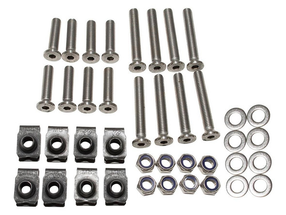 Britpart Front Door Hinge Bolt Kit Stainless Steel - DA1132 for Defender, stainless steel bolts and nuts with washers and brackets for door hinge repair.