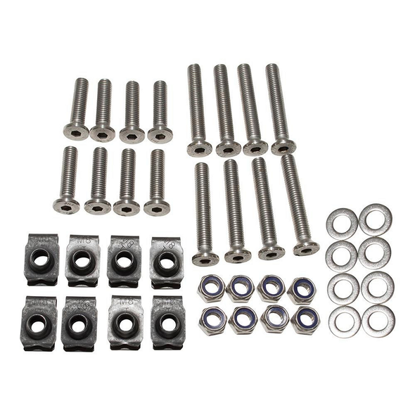 Britpart Front Door Hinge Bolt Kit Stainless Steel - DA1132 for Defender, stainless steel bolts and nuts with washers and brackets for door hinge repair.