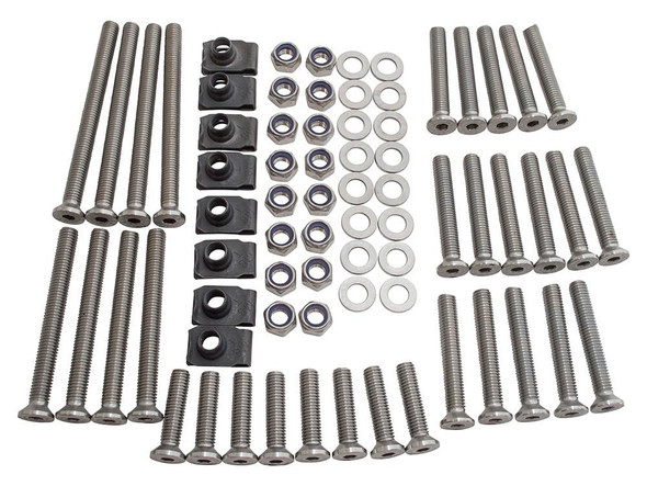 Britpart Premium Stainless Steel Door Bolt Kit for Defender 110, containing stainless steel bolts, nuts, washers, and spacers for vehicle security and durability.
