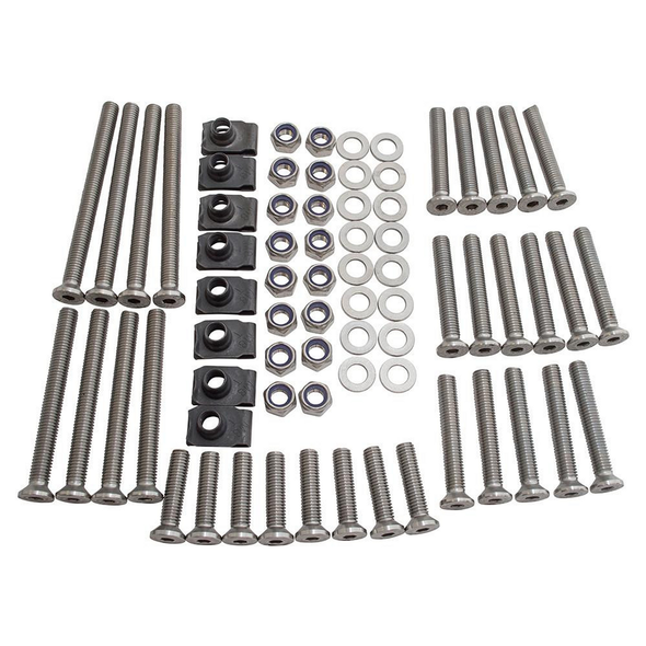 Britpart Premium Stainless Steel Door Bolt Kit for Defender 110, containing stainless steel bolts, nuts, washers, and spacers for vehicle security and durability.