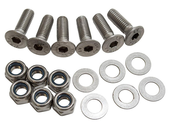 Britpart Stainless Steel Bonnet Hinge Nut & Bolt Kit - DA1135 for Defender, image showing six stainless steel bolts, six nuts, and six washers for vehicle maintenance and repair.