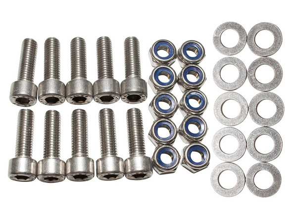 Britpart Stainless Steel Rear Crossmember To Body Bolt Kit for Defender (1986-2016), image showing a set of bolts, nuts with blue liners, and washers for vehicle repair.