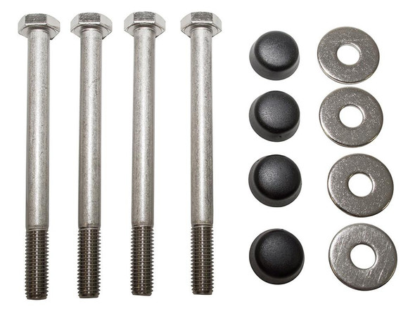 Britpart Bumper Fixing Nut & Bolt Kit Stainless Steel for Defender, set of four fixing bolts with nuts and washers, including black plastic caps for bumper installation.