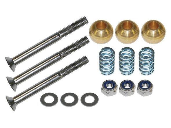 Britpart Rear Safari Door Hinge Pin Repair Kit for Defender, a set of repair components including bolts, nuts, washers, spherical bearings, springs, and washers for door hinge maintenance.