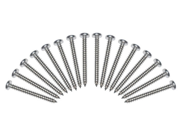 Britpart Stainless Steel Light Lens Screw Kit 1995> for Defender, image of multiple stainless steel screws arranged in a semi-circle.