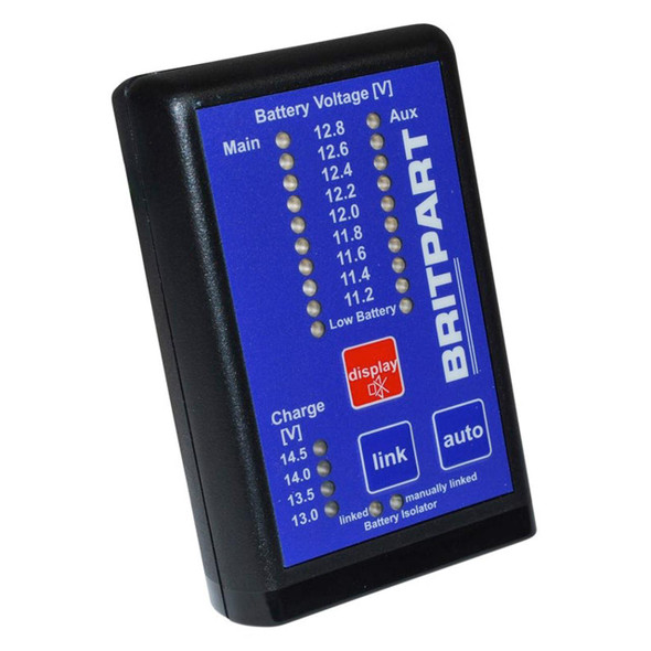 Britpart Microprocessor Controlled Dual Battery Management System, a digital battery management device with a blue display screen showing voltage levels and controls for linking and auto management. Britpart Microprocessor Controlled Dual Battery Management System, a digital battery management device with a blue display screen showing voltage levels and controls for linking and auto management.