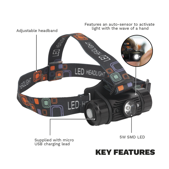 Rechargeable Head Torch with Auto-Sensor 5W SMD LED