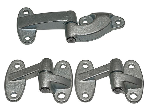 Britpart Rear End Door Hinge Kit With Stainless Steel Fittings for Defender, showing three metallic door hinges with mounting holes.