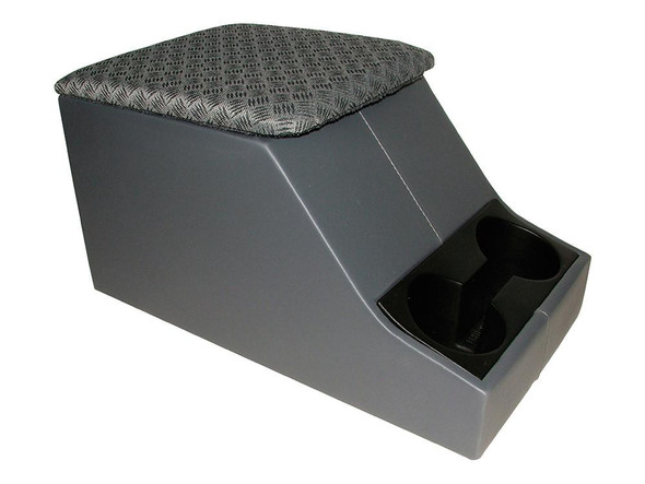 Britpart Cubby Box With Cup Holders Techno Trim XS Style - DA2035T for Defender, gray cubby box with fabric cushioned lid and dual cup holders.