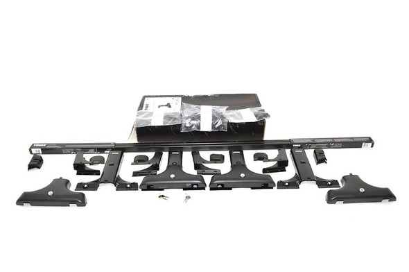 Thule Discovery 1 Thule Roof Bars Gutter Mount, roof bars with gutter mount brackets and accessories laid out on a white background.