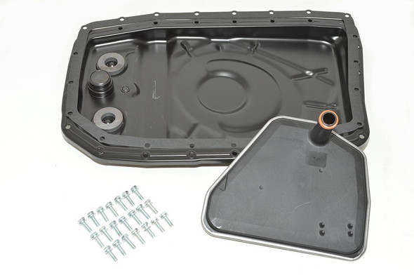 Britpart Automatic Gearbox Easy Change Transmission Filter Kit for Range Rover Sport L320, transmission filter kit components including black filter and housing with screws.