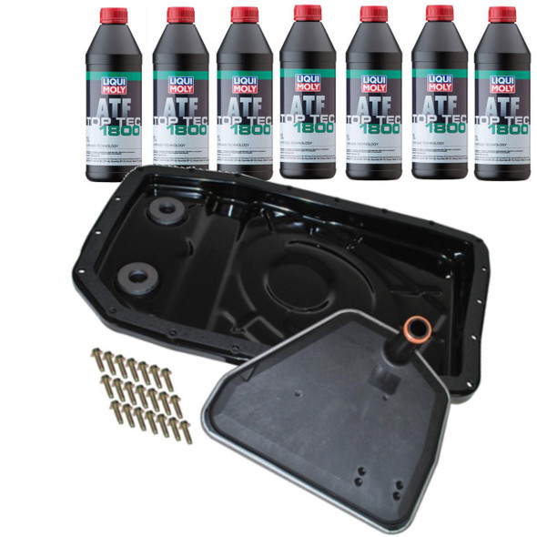 Britpart Automatic Gearbox Easy Change Filter Kit + Liqui Moly ATF for Discovery 3, auto transmission filter kit, and transmission fluid container with bottles of Liqui Moly ATF