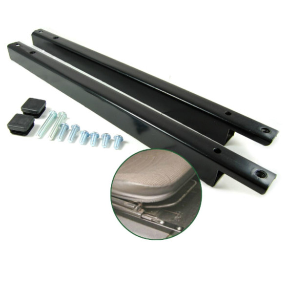 Britpart Seat Riser Raiser Rails for Enhanced Legroom for Defender, black metal rails with mounting hardware and a close-up of seat adjustment in a vehicle