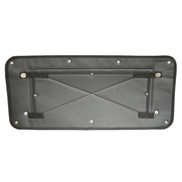 Britpart Radiator Muff Black for Defender (1986-2016) | DA2161BLACK, front view of the black radiator cover with mounting points and elastic straps.