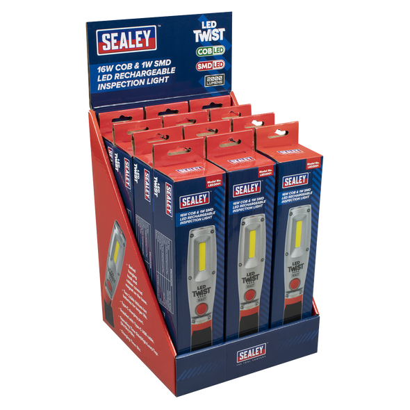 LED Twist Rechargeable Inspection Light 16W COB & 1W SMD LED - Display Box of 12