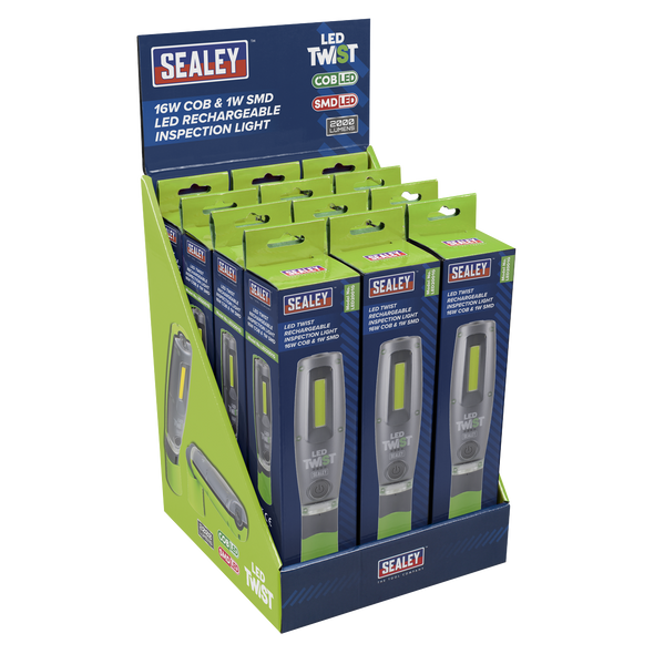 Rechargeable Inspection Light 16W COB & 1W SMD LED - Green - Display Box of 12