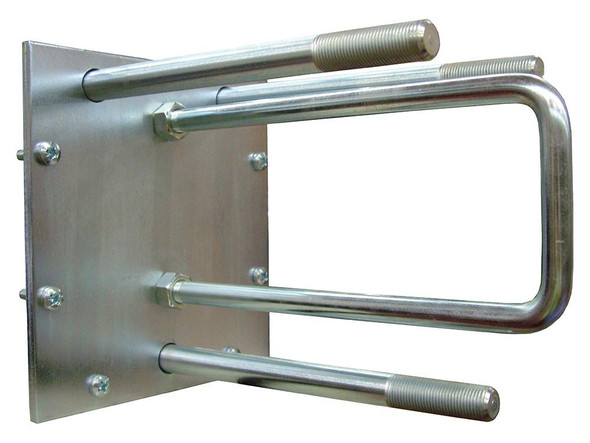 Britpart Spare Wheel Carrier Rear Door Mounted for Defender, sturdy metal support with mounting plate and tubular bars, used for mounting spare wheel on Defender rear door.
