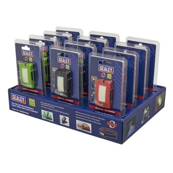 Rechargeable Head Torch with Auto-Sensor 2W COB LED - Display Box of 12