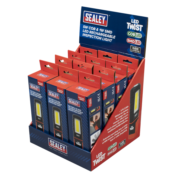 LED Twist Rechargeable Inspection Light 5W COB & 1W SMD - Display Box of 12