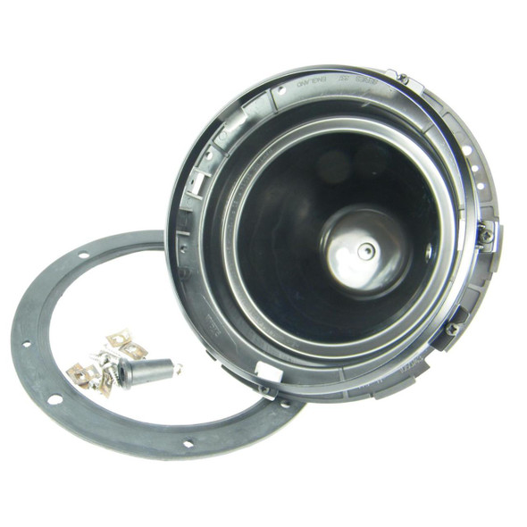 Britpart Headlamp Headlight Bowl Mounting Kit Black Bezel for Defender, front view of the mounting kit with black bezel designed for Defender headlamps, including mounting hardware and a metal mounting ring.