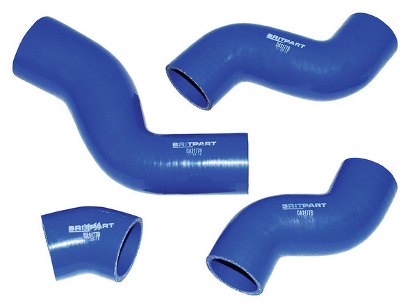 Britpart Silicone Turbo Intercooler Hose Kit for Discovery 2 Td5, blue silicone hoses with curved and straight sections for turbo intercooler fitting.
