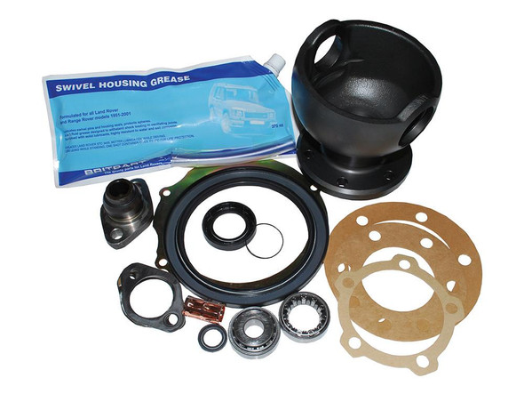 Britpart Swivel Housing Repair Kit With Housing for Defender, image shows repair components including housing, gaskets, seals, and grease packet.