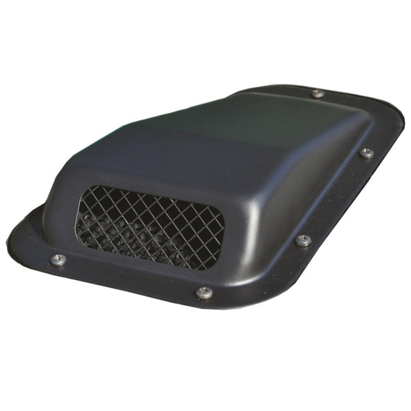 Britpart Bonnet Top Vent Intake Scoop Left Hand for Defender, black plastic vehicle bonnet top vent scoop with mesh grille and mounting screws.