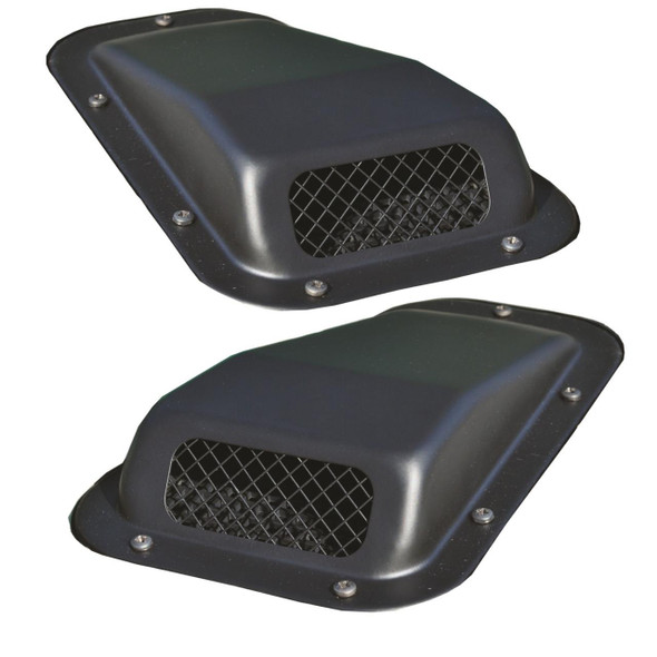 Britpart Bonnet Top Vent Intake Scoops Pair for Defender, black vehicle bonnet top vent scoops with mesh grills for improved airflow.