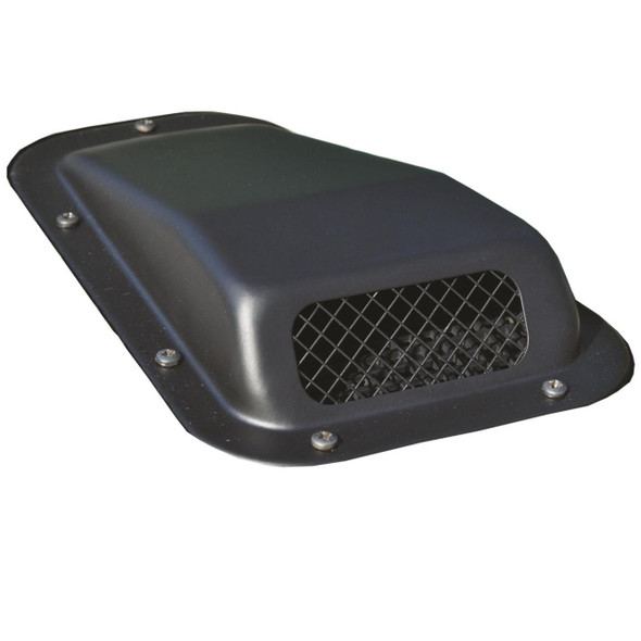 Britpart Bonnet Vent Intake Scoop Right Hand for Defender, black plastic vehicle part with mesh grille and mounting screws.