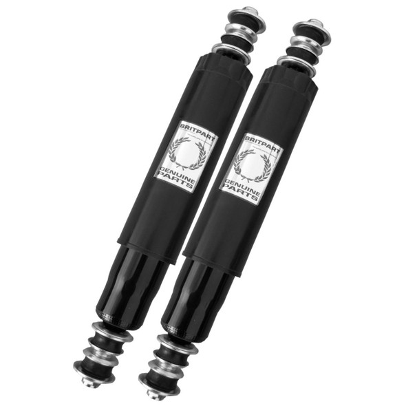 Britpart Front Shock Absorbers Heavy Duty HD for Defender, pair of black automotive shock absorbers with metal mounting components and label.