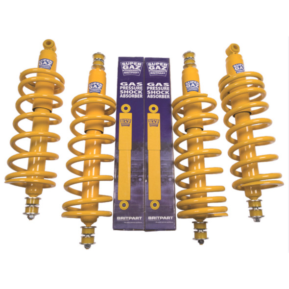 Britpart Defender 90 Heavy Duty Suspension Kit Standard Height, four yellow heavy-duty coil springs with shock absorbers, in packaging with branding and product details.