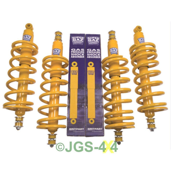 Britpart Discovery 1 Heavy Duty Suspension Kit Standard Height, yellow coil springs and shock absorbers for off-road vehicle suspension enhancement.